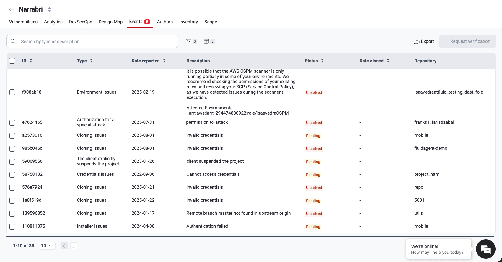 View events in a group on the Fluid Attacks platform