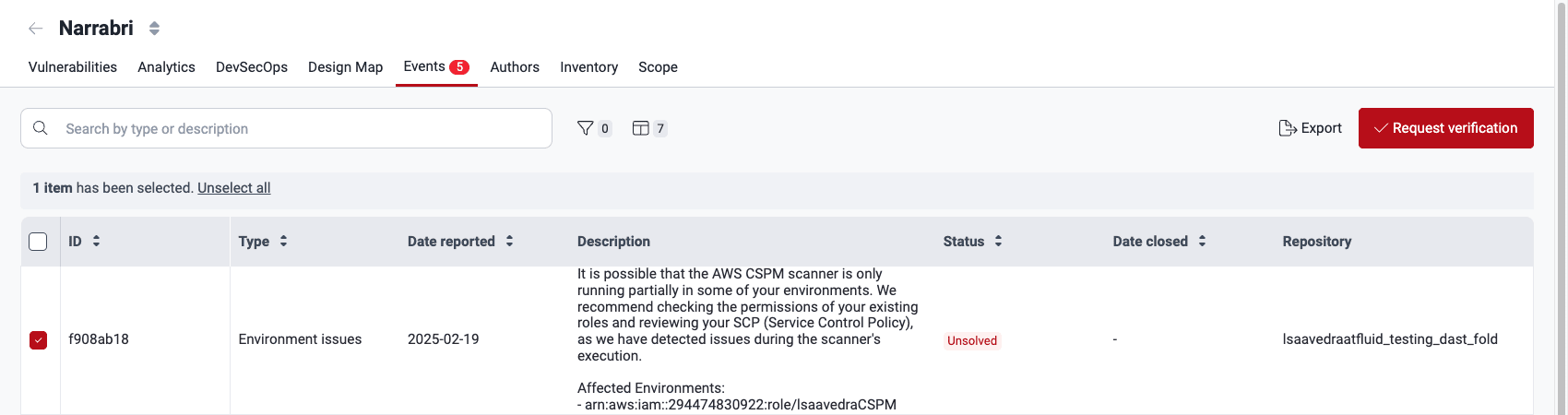 Select an event on the Fluid Attacks platform
