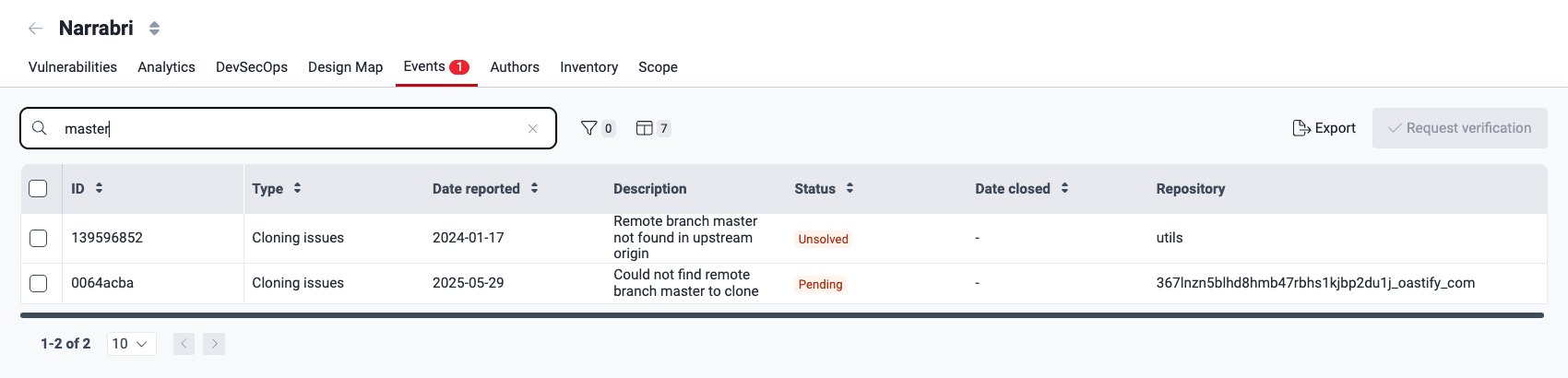 Search the events table on the Fluid Attacks platform