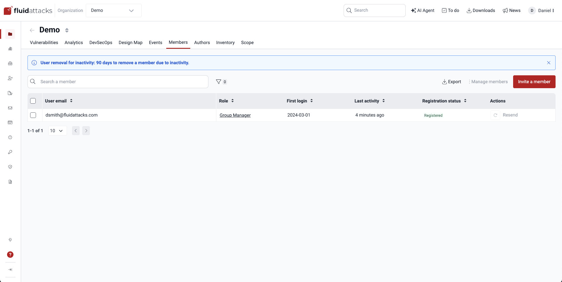 Click the Invite button to get members on the Fluid Attacks platform