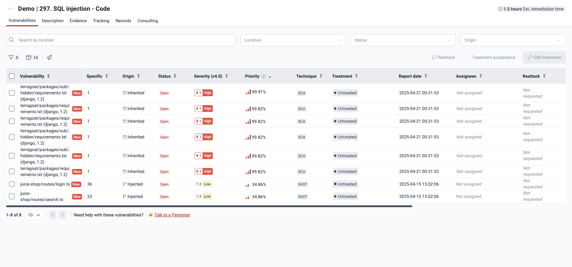 View where the vulnerability is present on the Fluid Attacks platform
