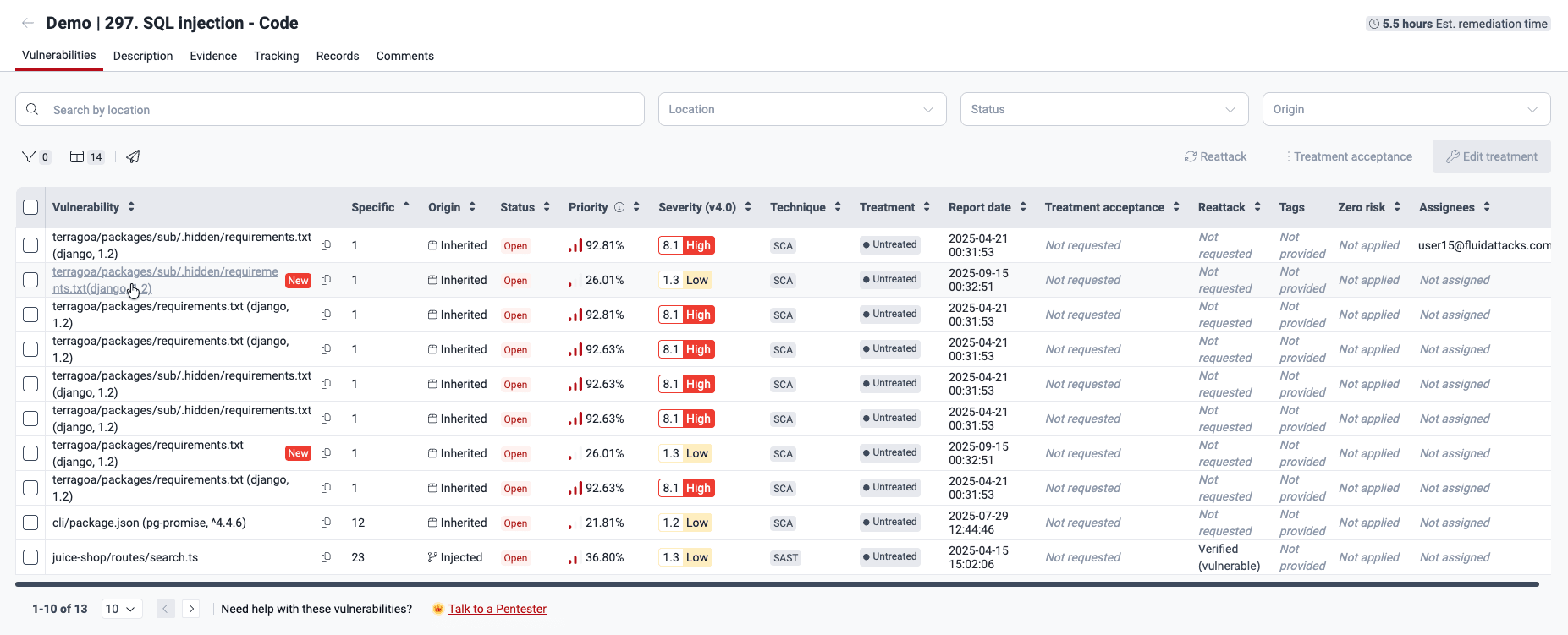 Select vulnerability to assign remediation on the Fluid Attacks platform