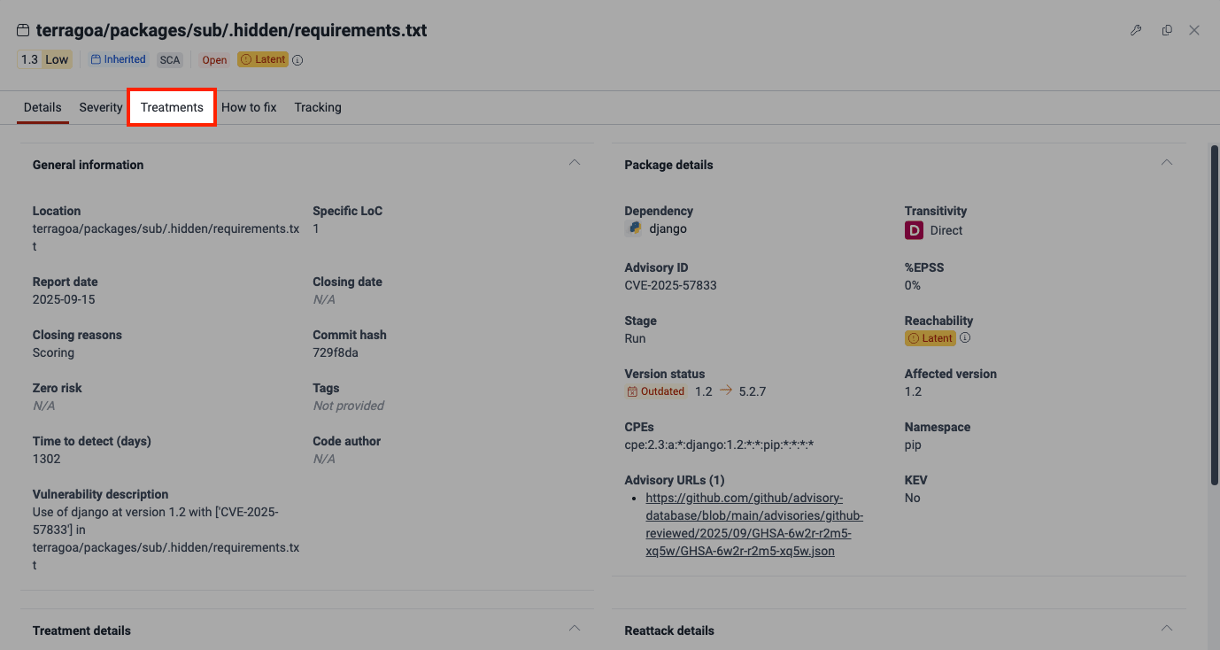Open Treatments tab on the Fluid Attacks platform