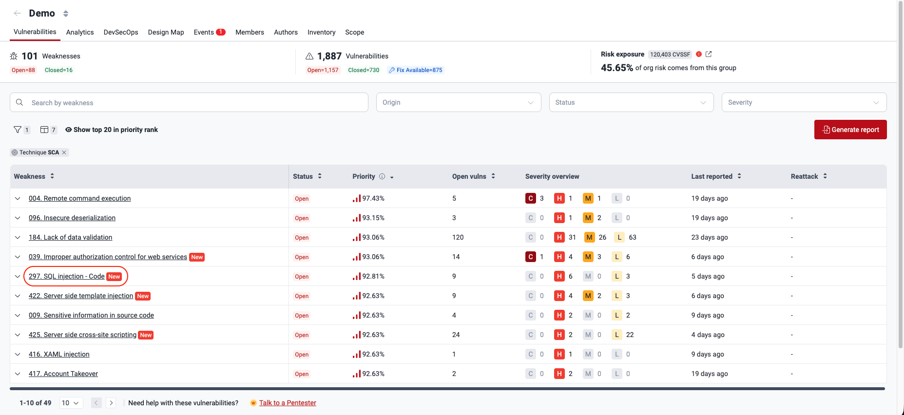Choose the SCA weakness on the Fluid Attacks platform