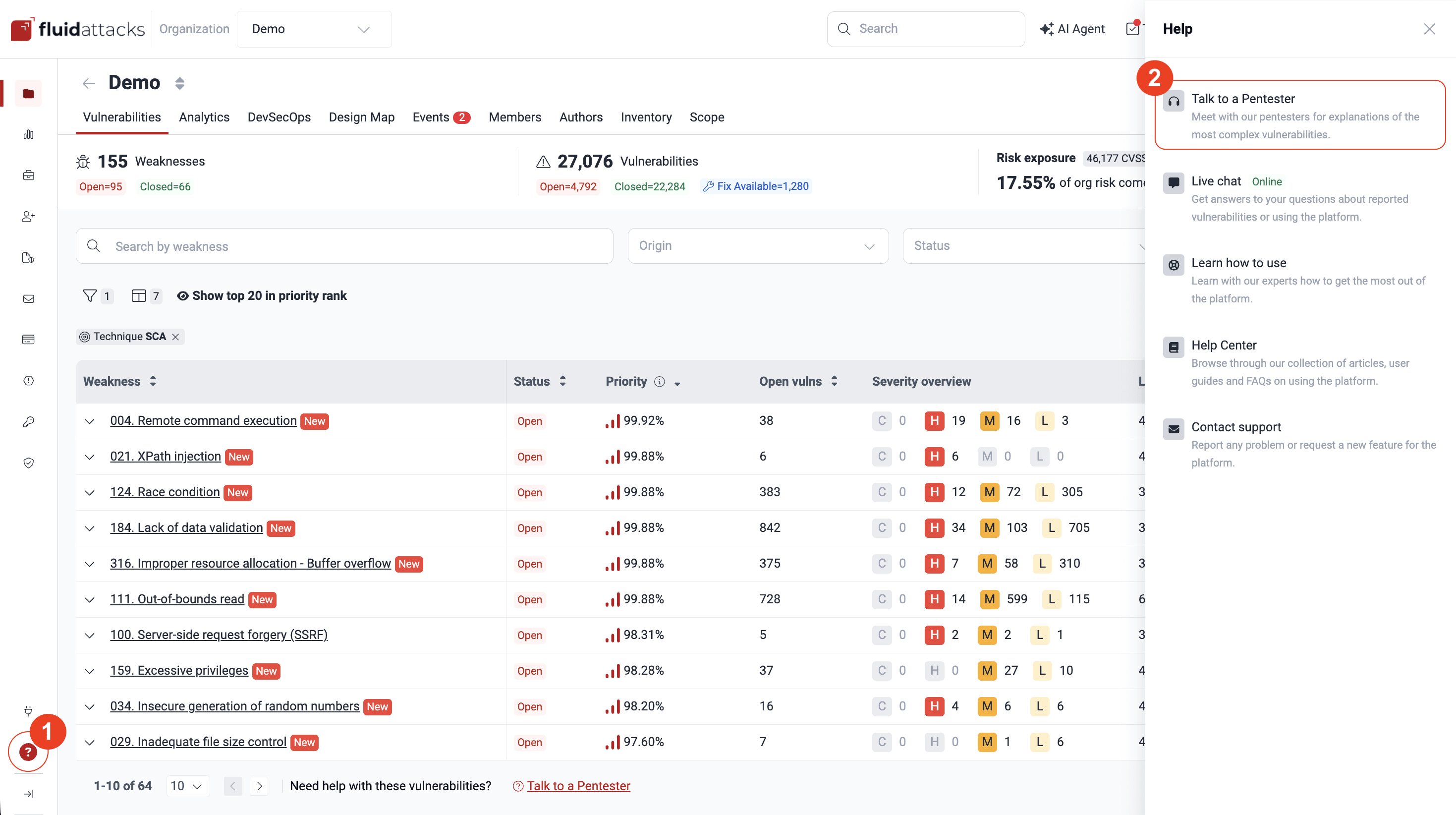 Find the Talk to a Pentester option on the Fluid Attacks platform