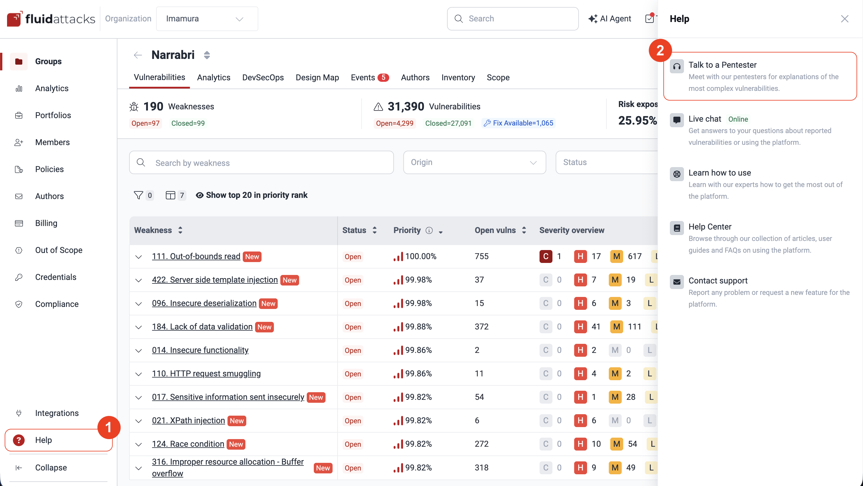 Find the Talk to a Pentester button on the Fluid Attacks platform