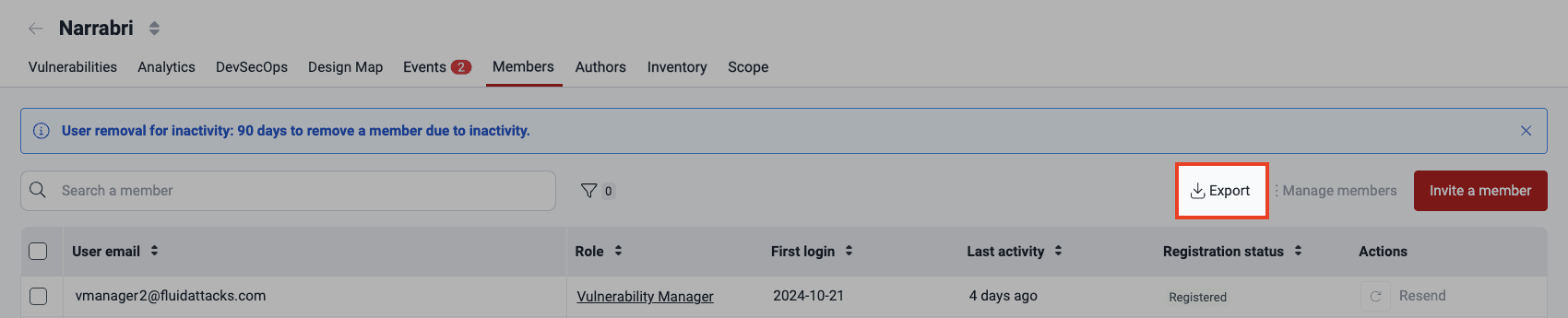Export members on the Fluid Attacks platform