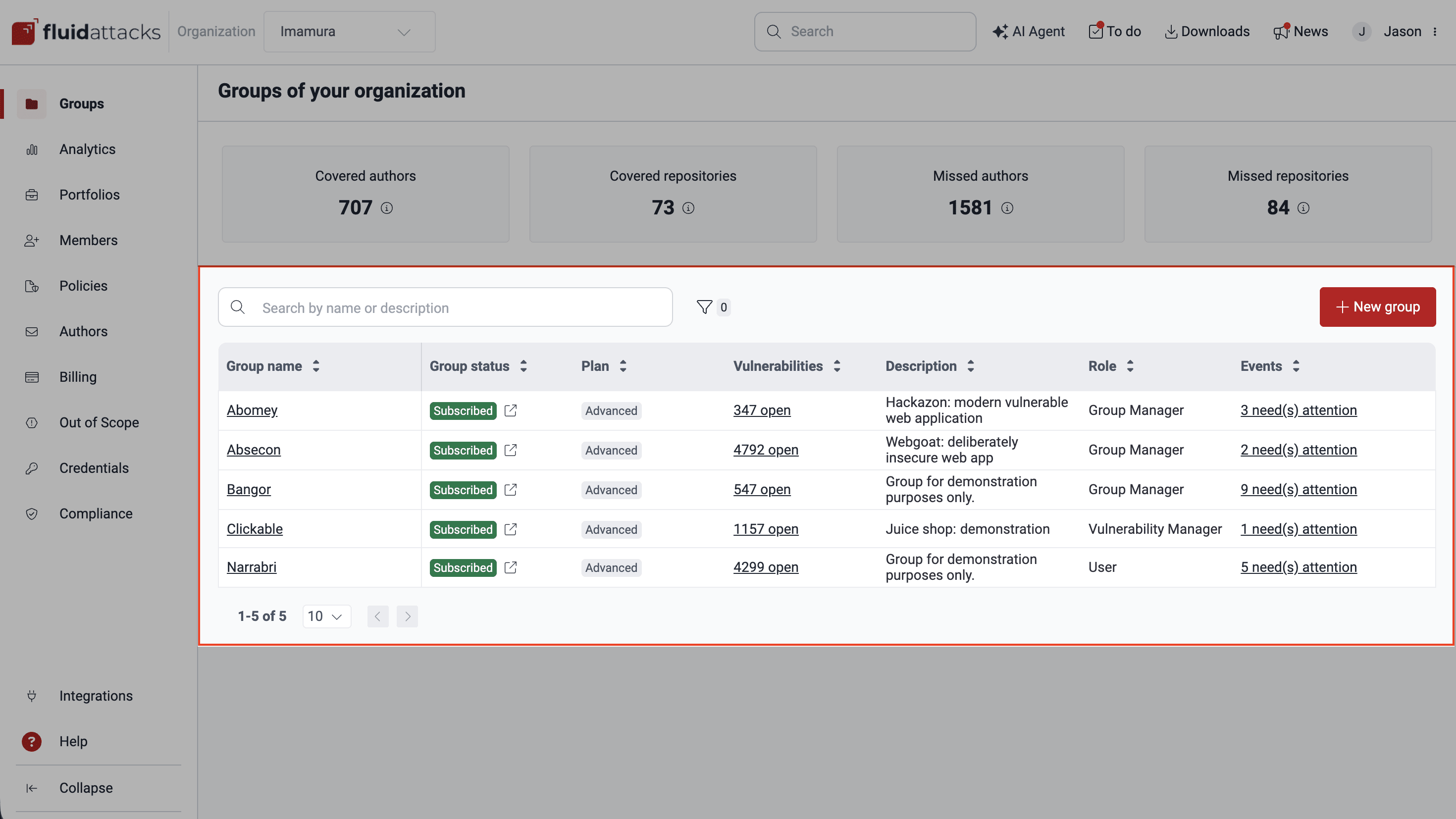 View the group table on the Fluid Attacks platform
