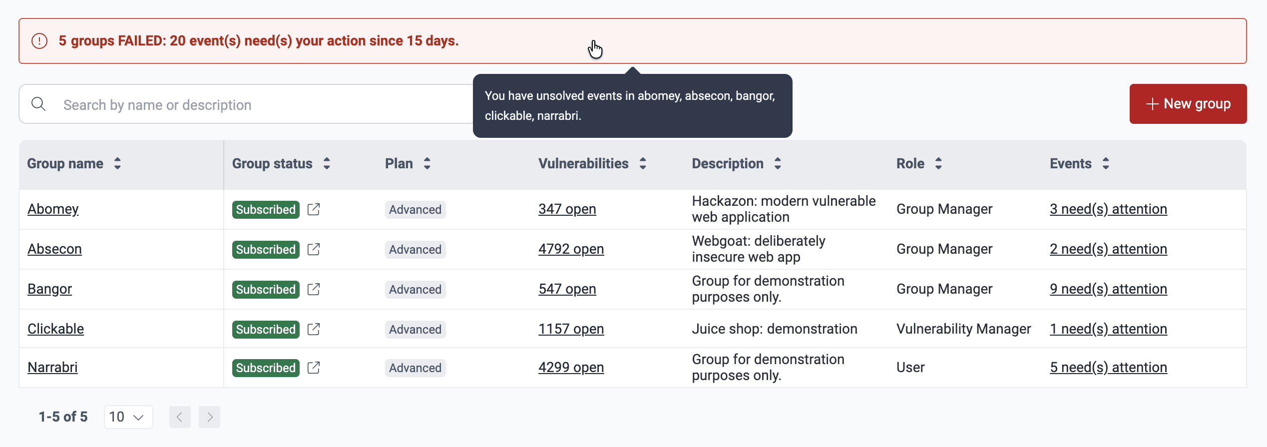 View unsolved events banner on the Fluid Attacks platform