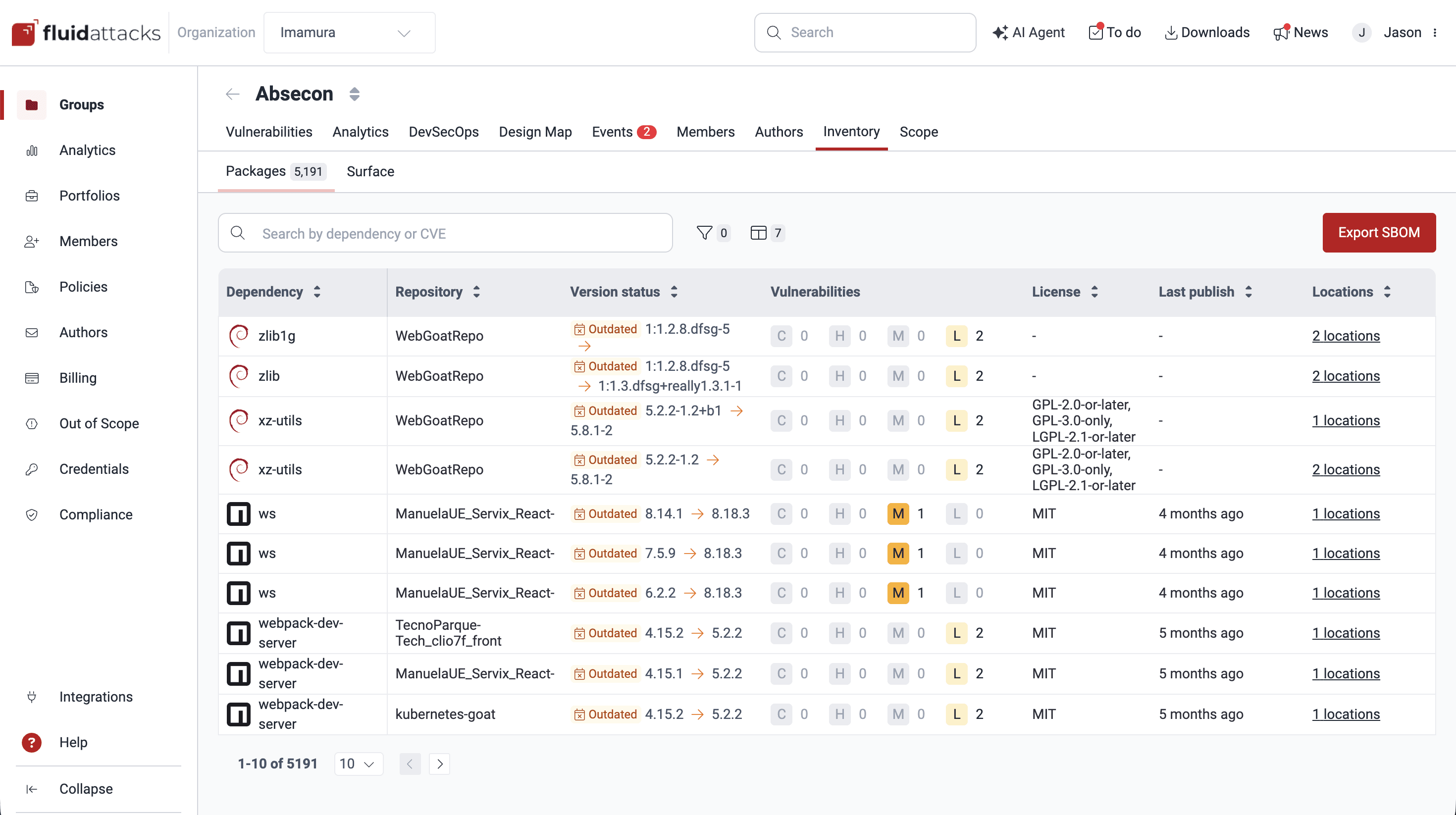 View packages security status on the Fluid Attacks platform