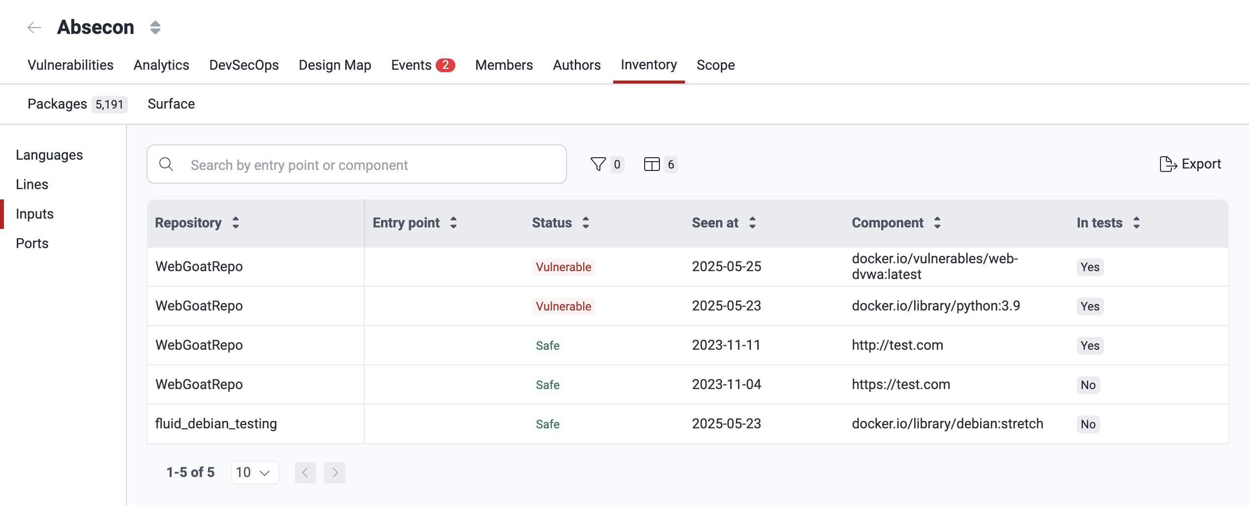 View inputs security status on the Fluid Attacks platform