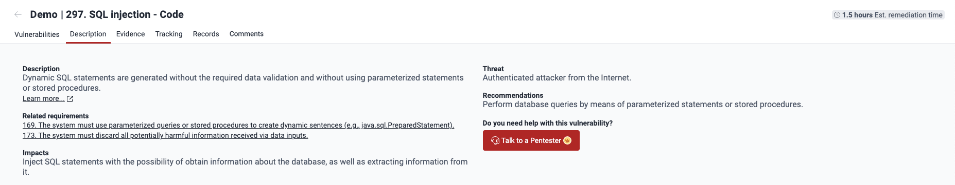 See a vulnerability description and fix advice on the Fluid Attacks platform