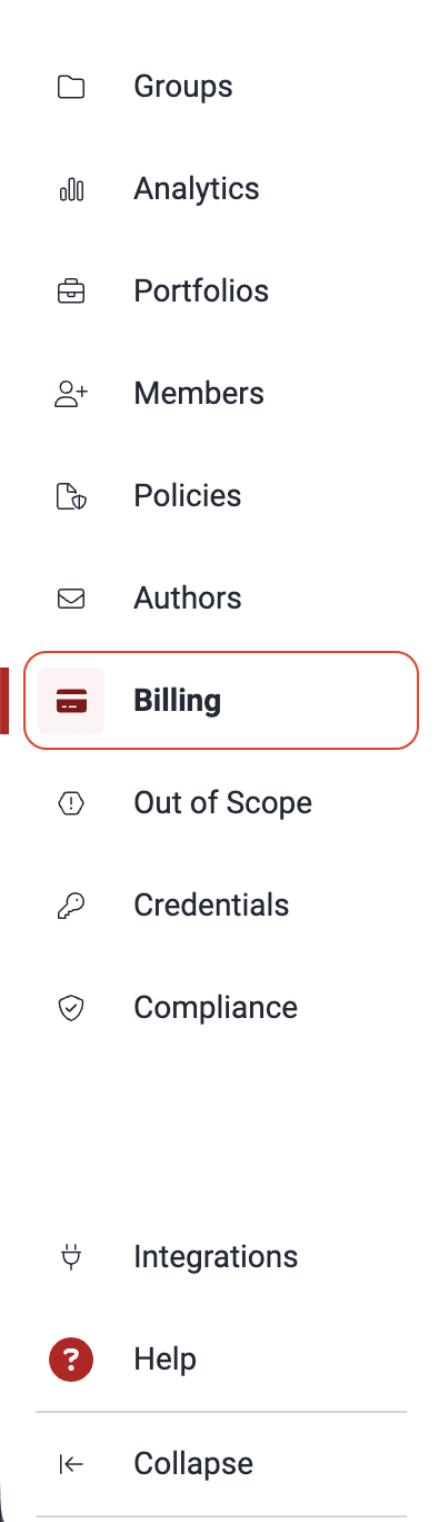 Find Billing section on the Fluid Attacks platform
