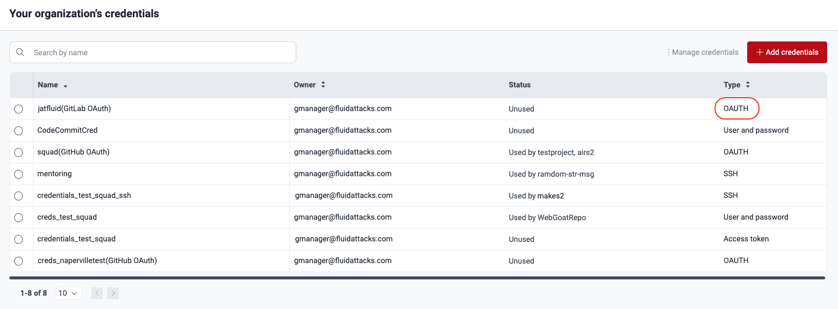 View OAuth credentials on Fluid Attacks platform