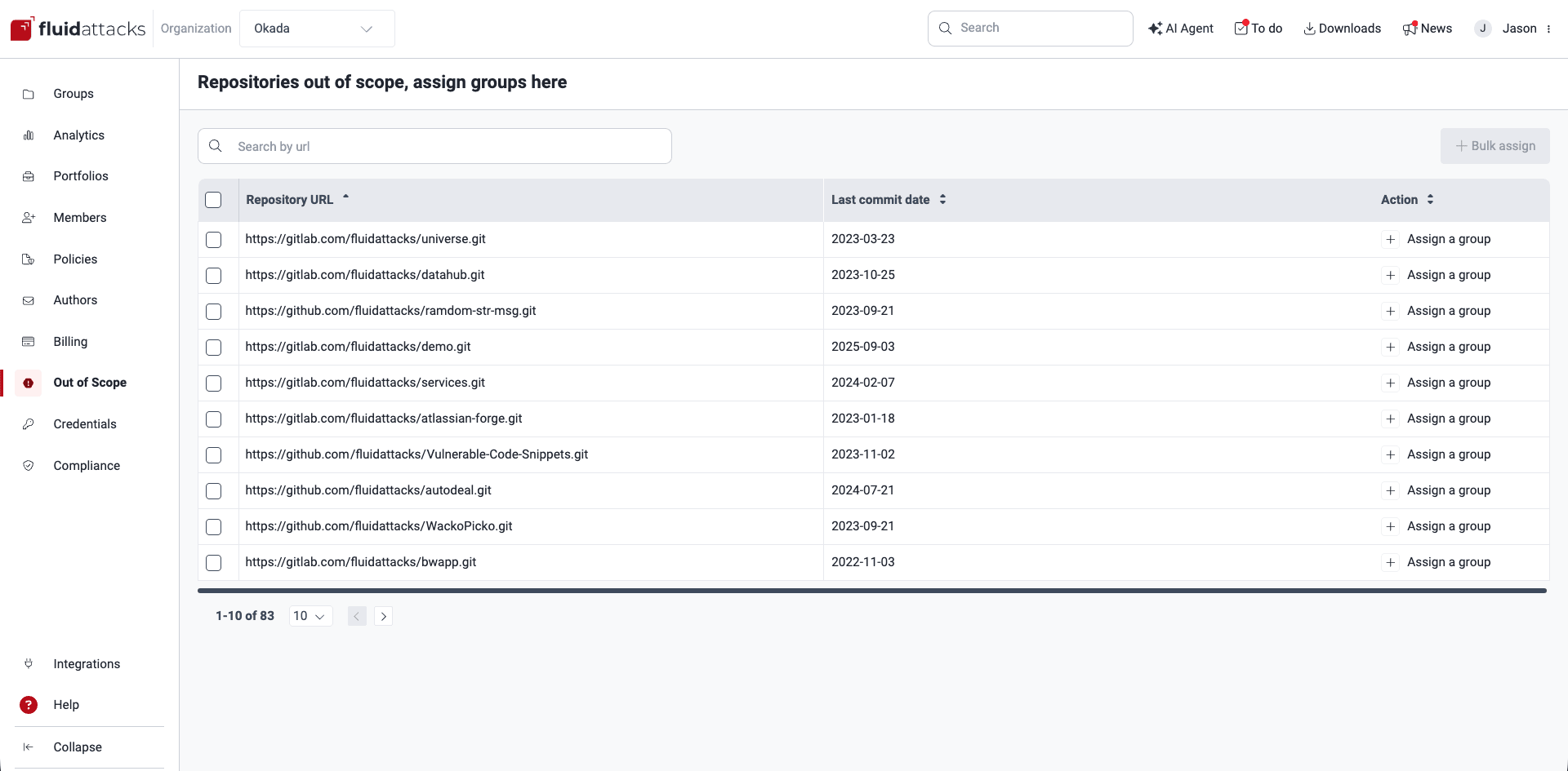 Assign repos to groups on the Fluid Attacks platform
