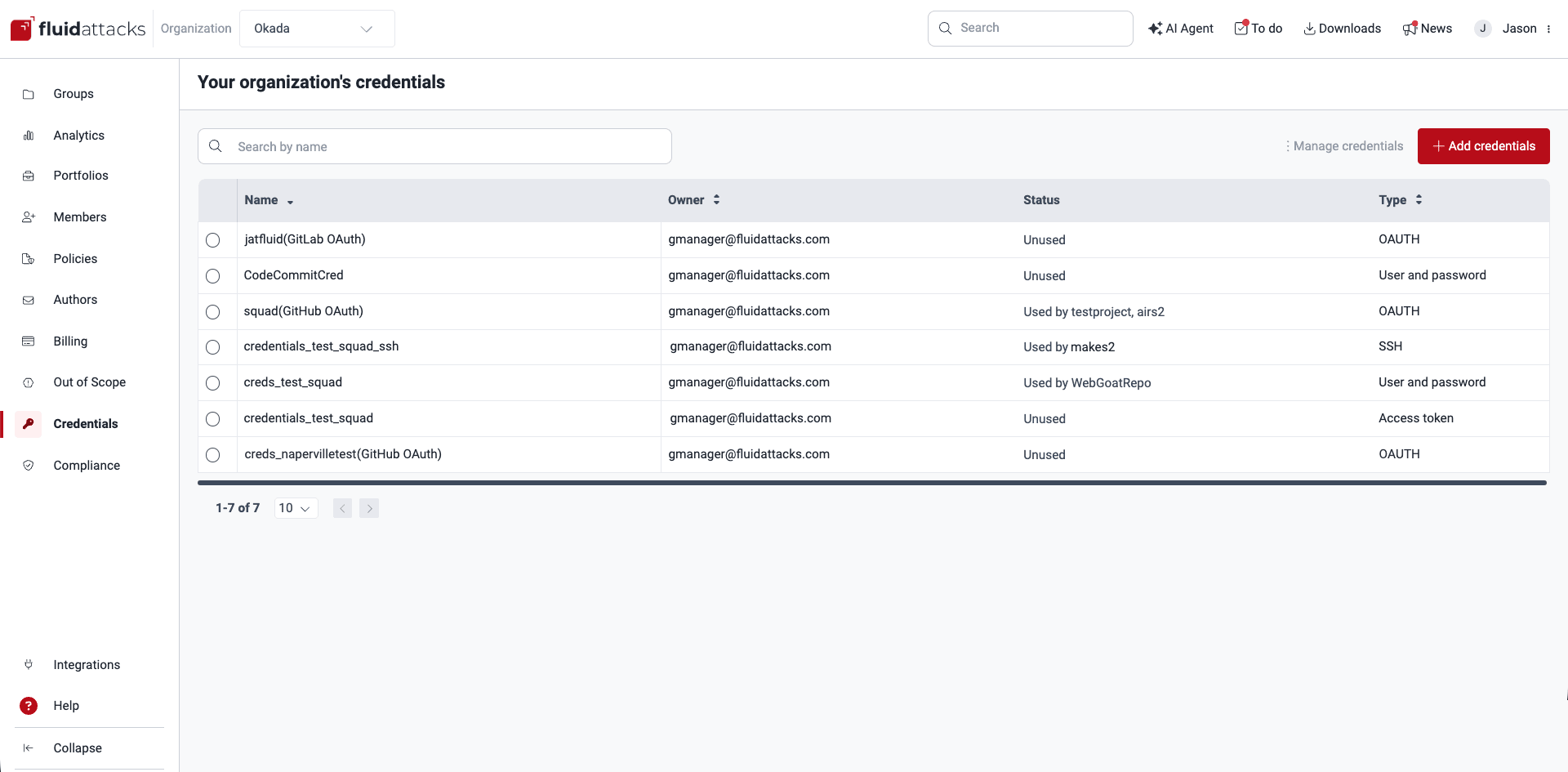 Manage organization credentials on the Fluid Attacks platform