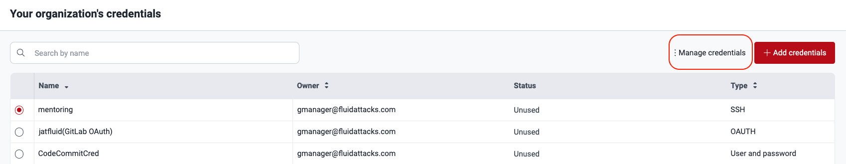 View added credentials on the Fluid Attacks platform
