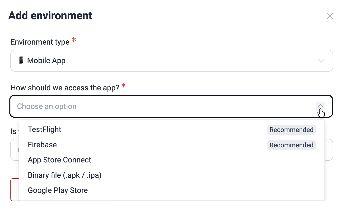 Choose mobile app platform on the Fluid Attacks platform