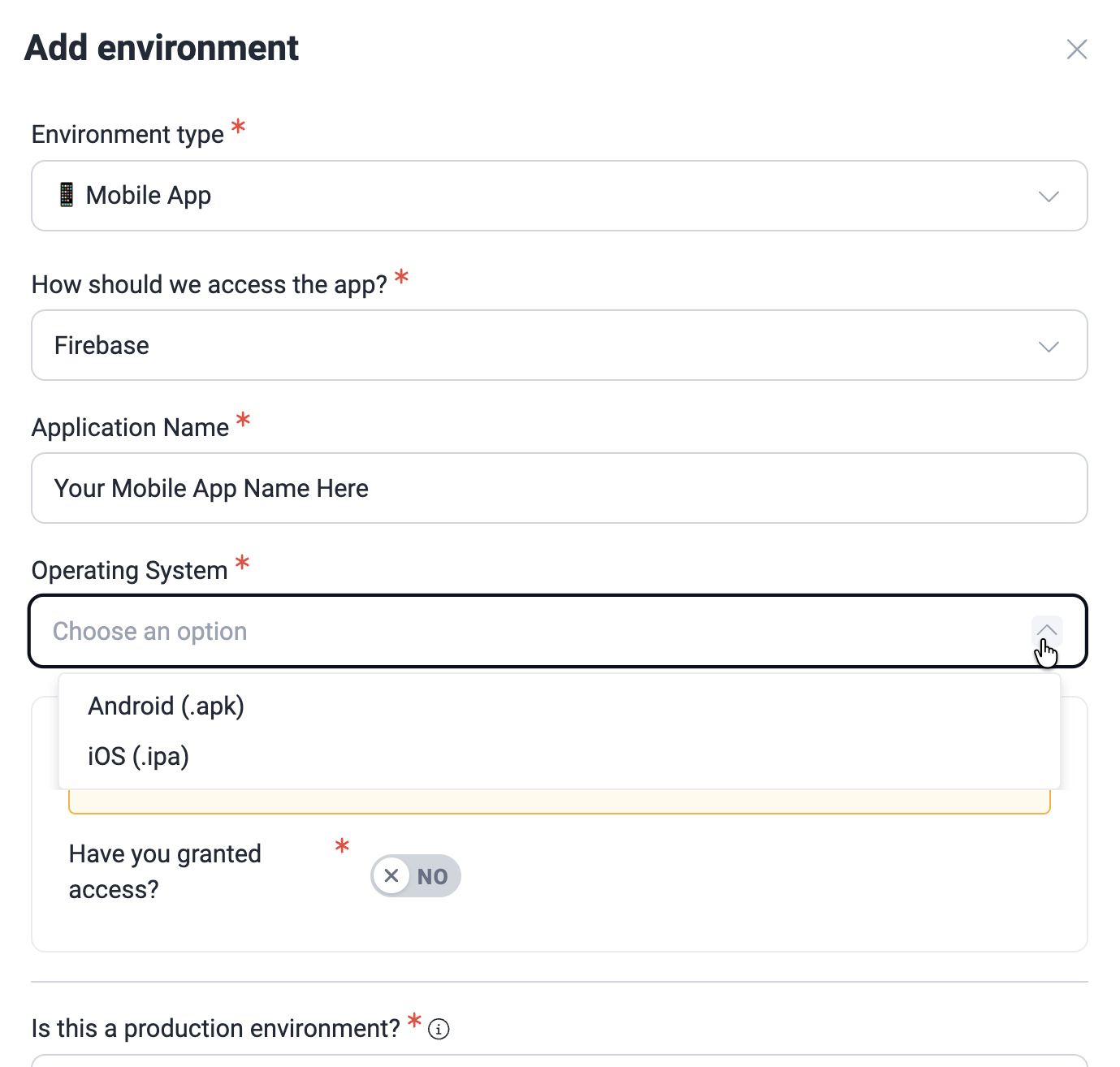 Choose app operating system on the Fluid Attacks platform