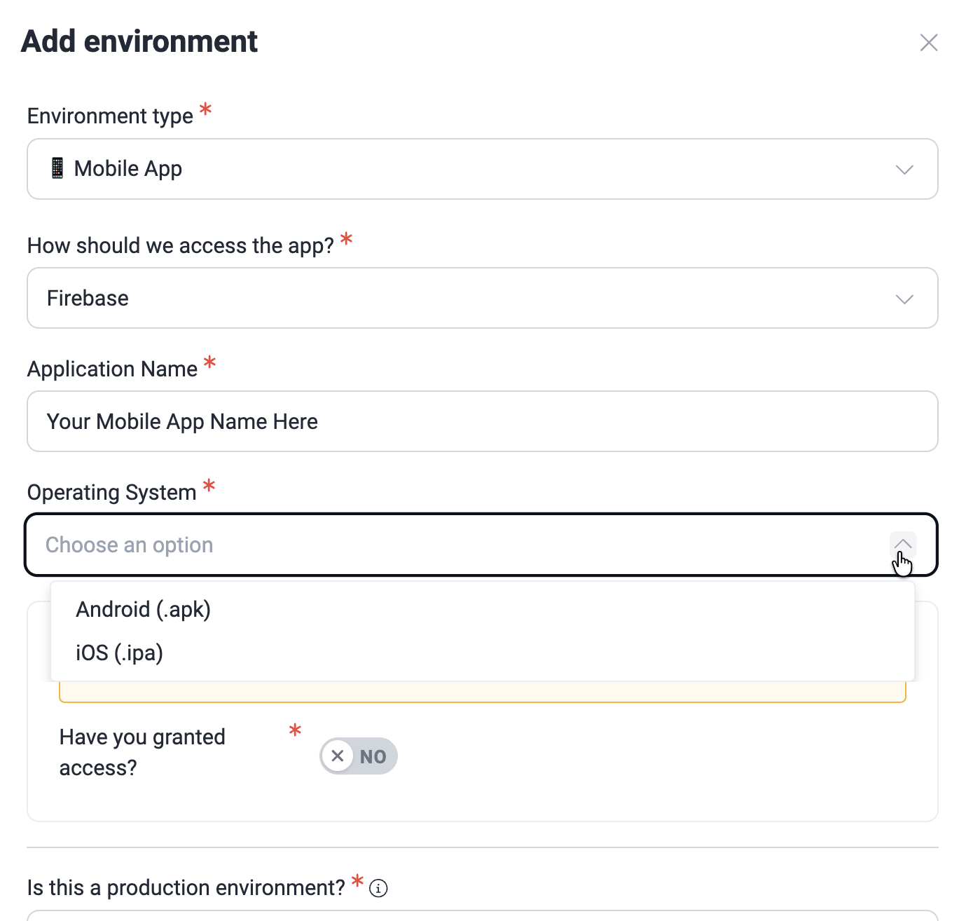 Choose app operating system on the Fluid Attacks platform