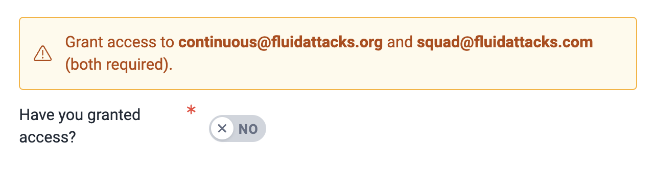 Confirm emails granted access on the Fluid Attacks platform
