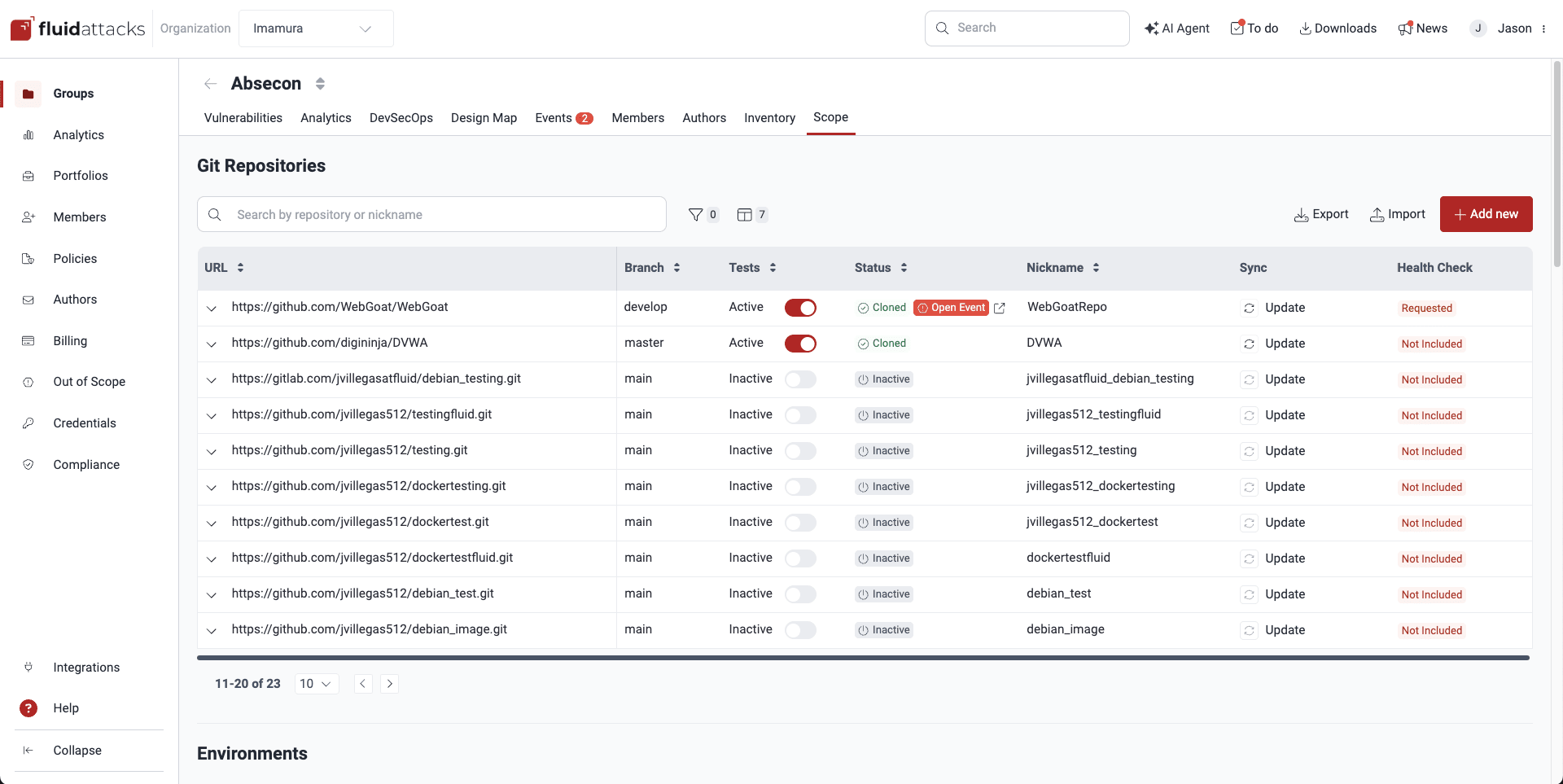 View Git repositories under testing on the Fluid Attacks platform