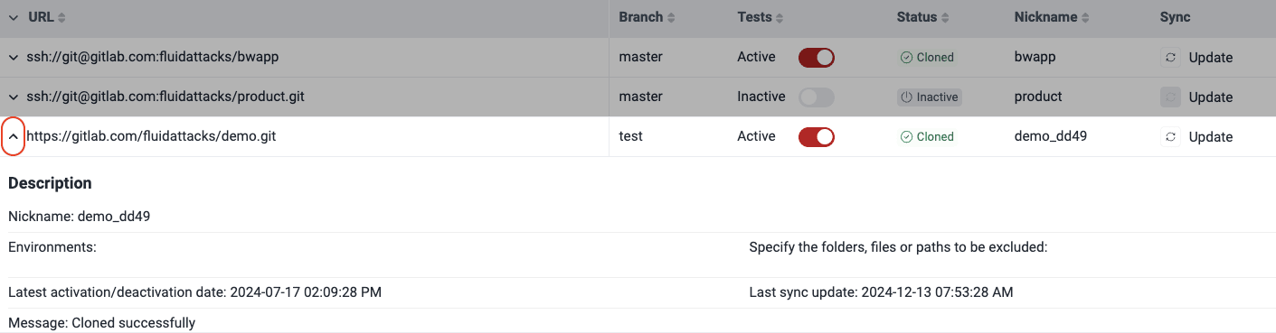 Reveal details of the Git repository on the Fluid Attacks platform