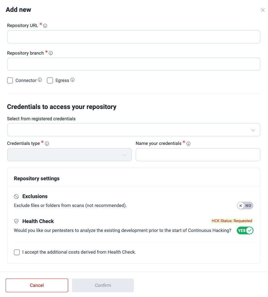 Fill out Git repository form on the Fluid Attacks platform