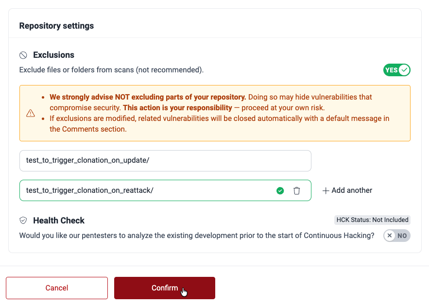 Confirm subpath exclusion on the Fluid Attacks platform