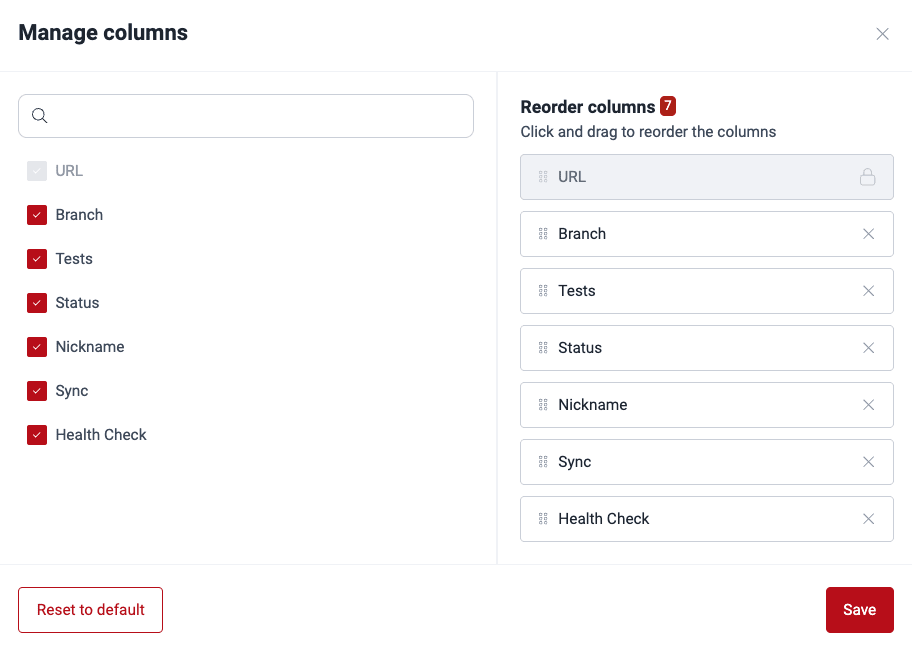 Show or hide Git repositories table columns on the Fluid Attacks platform