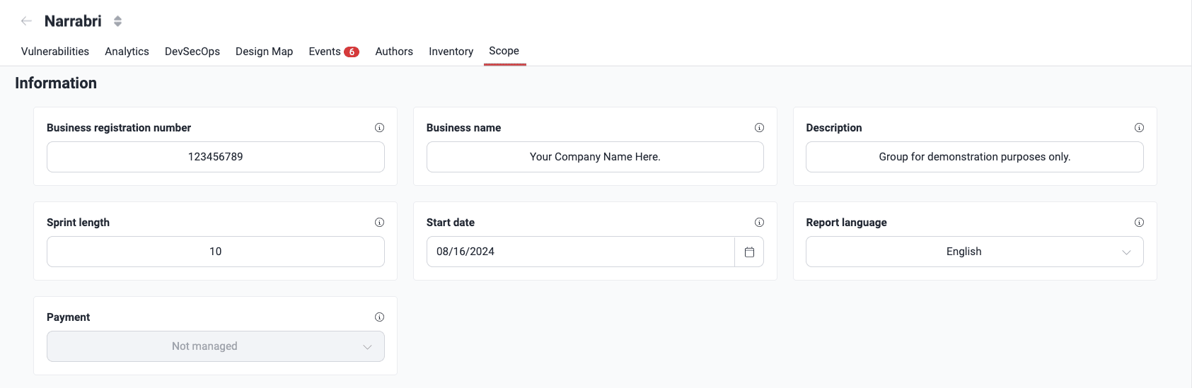 Find group information fields on the Fluid Attacks platform