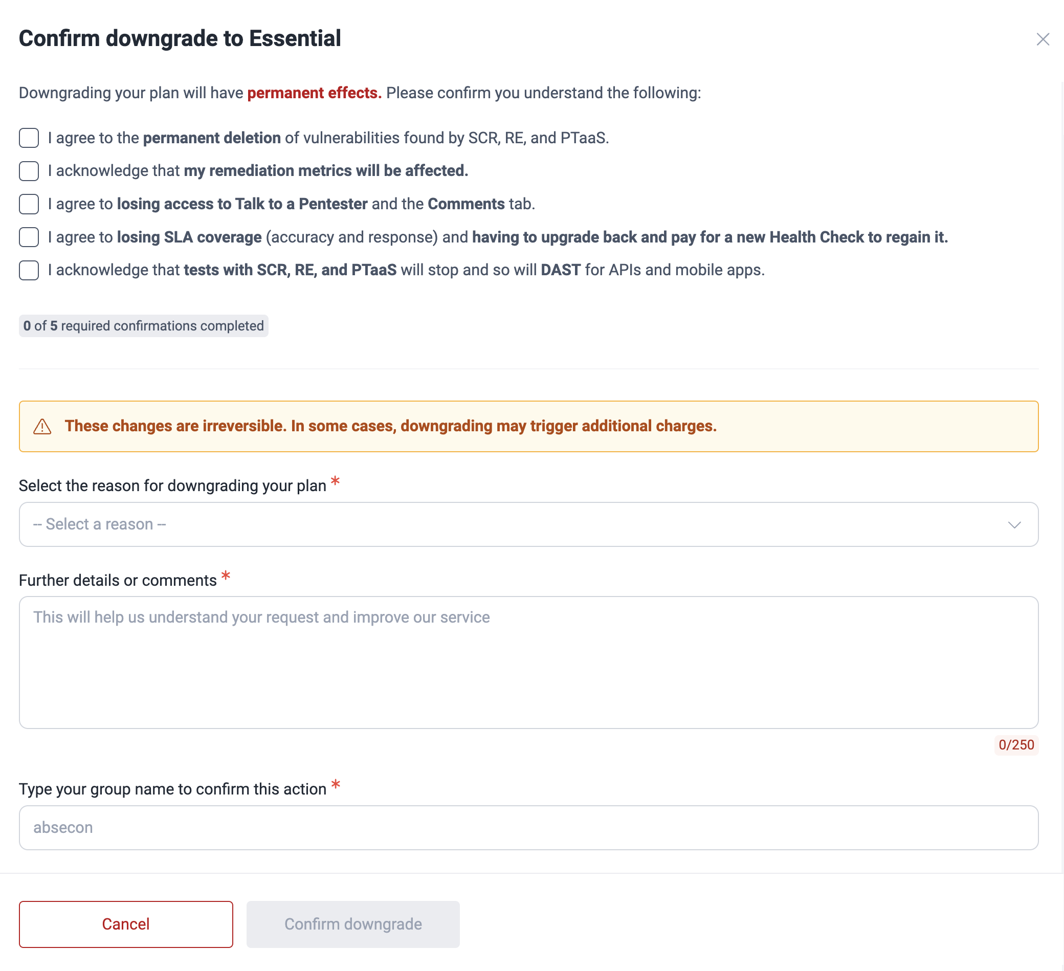Downgrade plan on the Fluid Attacks platform