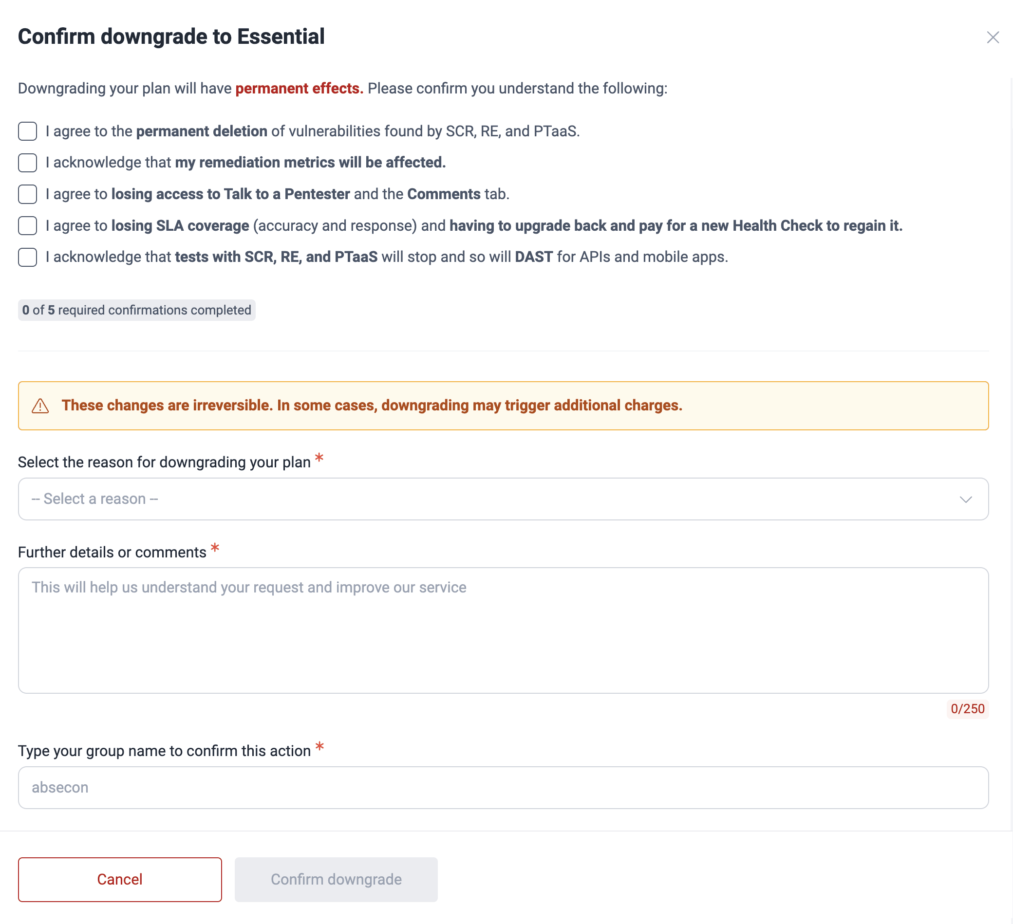 Downgrade plan on the Fluid Attacks platform
