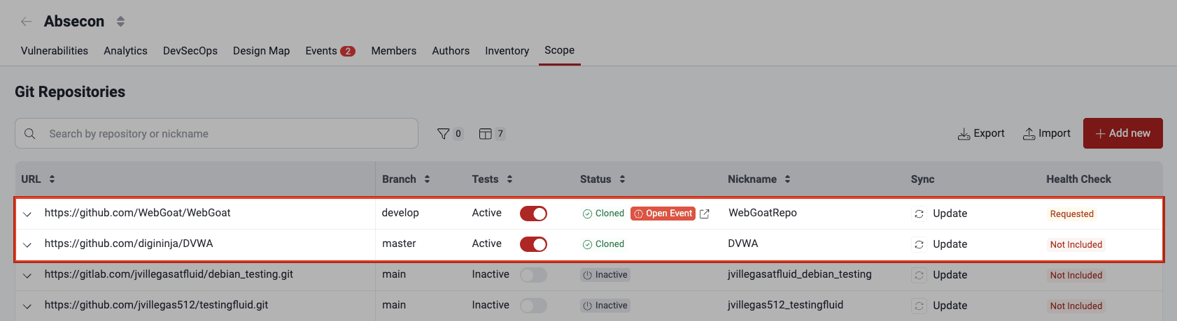 Choose repository to add environment on the Fluid Attacks platform