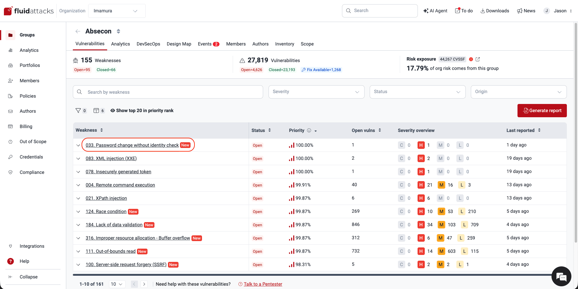 Select a newly reported vulnerability on the Fluid Attacks platform