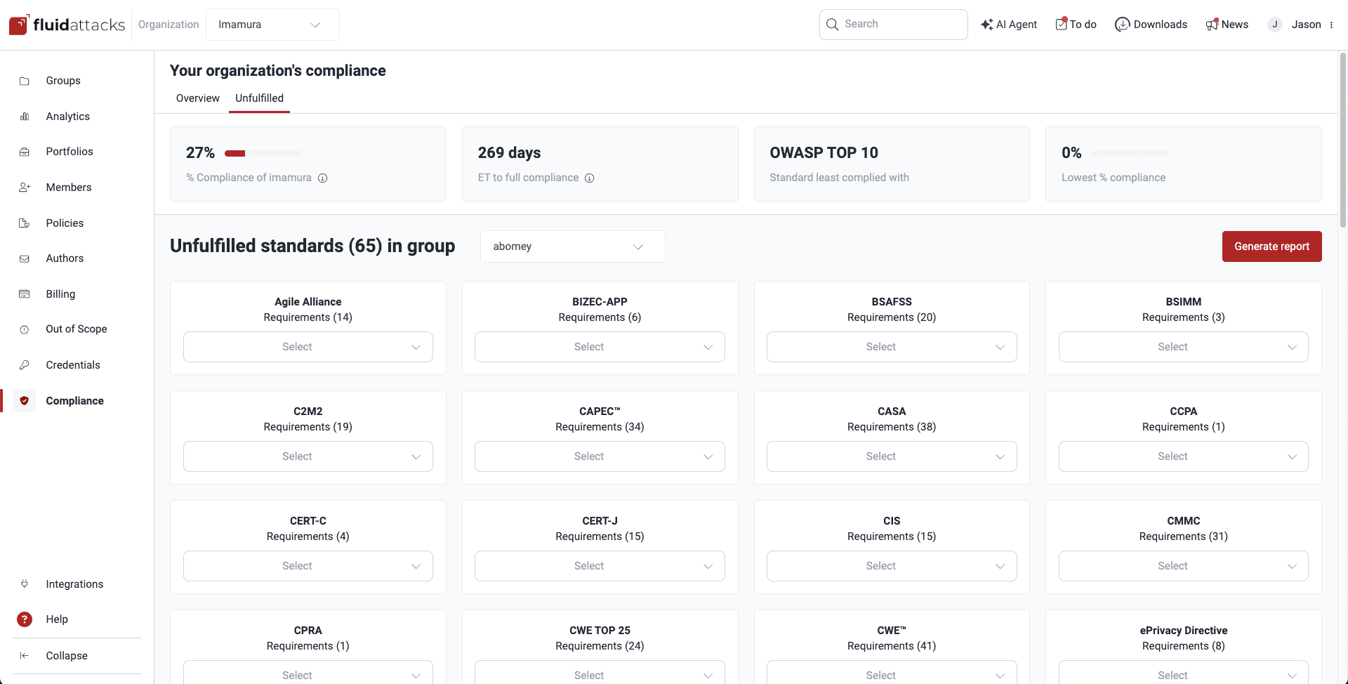 View standard compliance of groups on the Fluid Attacks platform