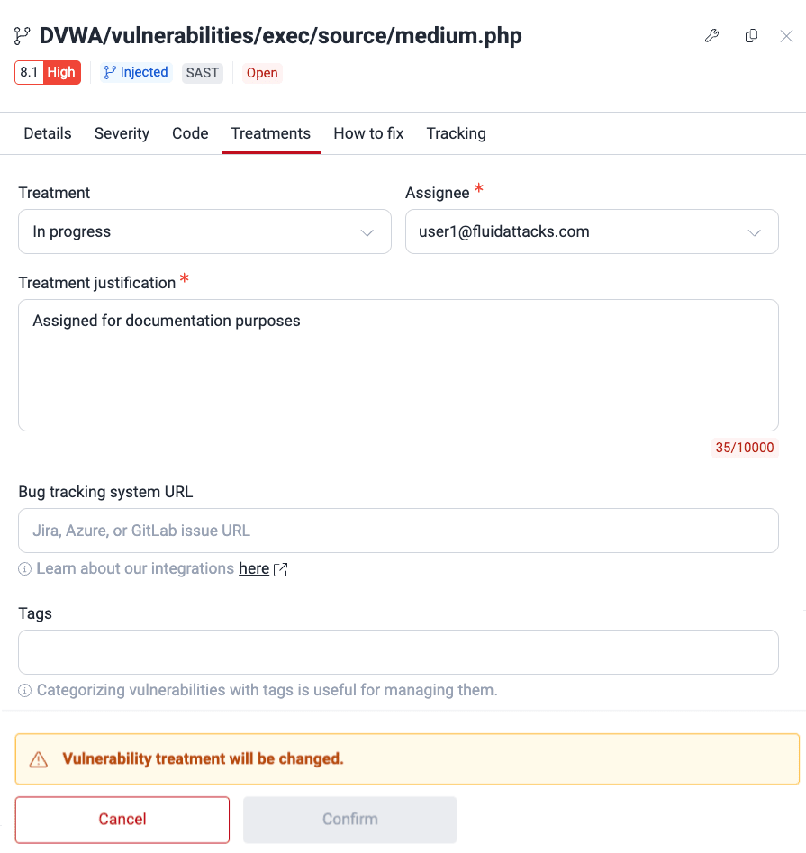 View vulnerability treatments on the Fluid Attacks platform