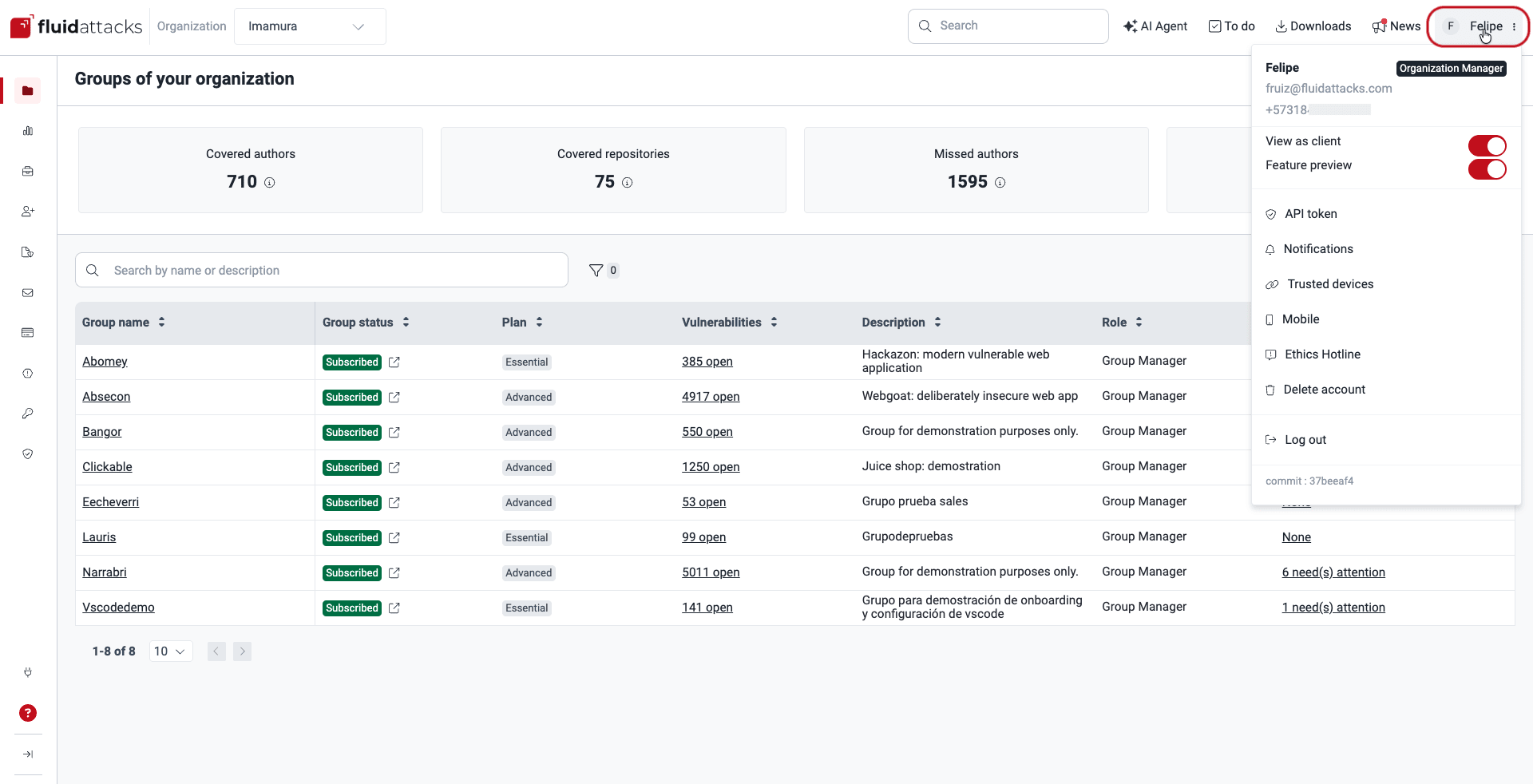 Access user menu on the Fluid Attacks platform