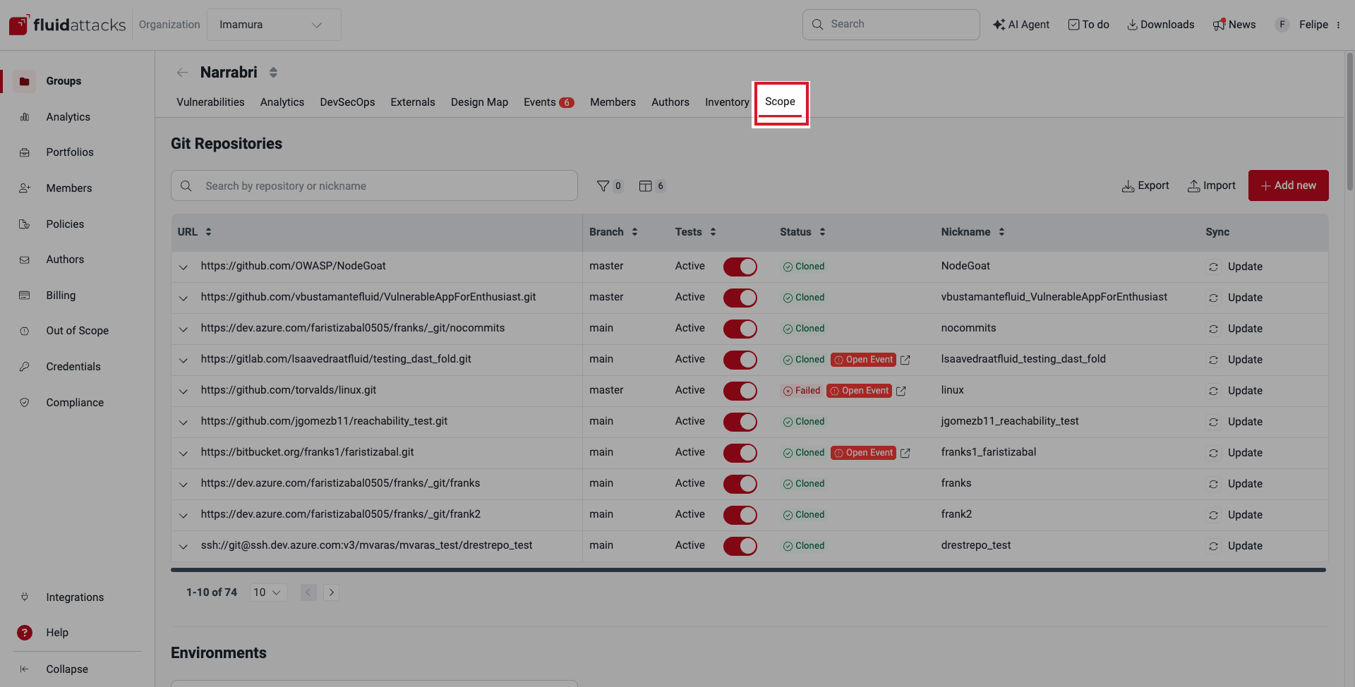 Access Scope section on the Fluid Attacks platform