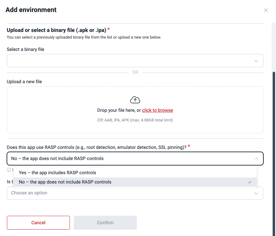 Select whether the file version includes RASP controls on the Fluid Attacks platform