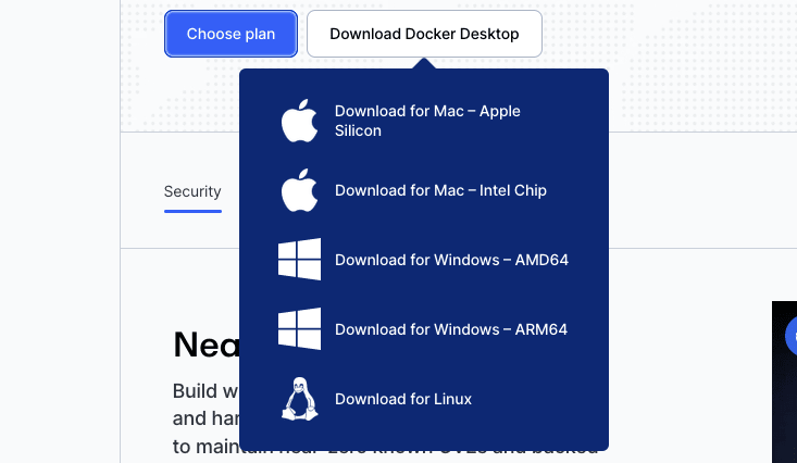 Download the Docker Desktop version you need