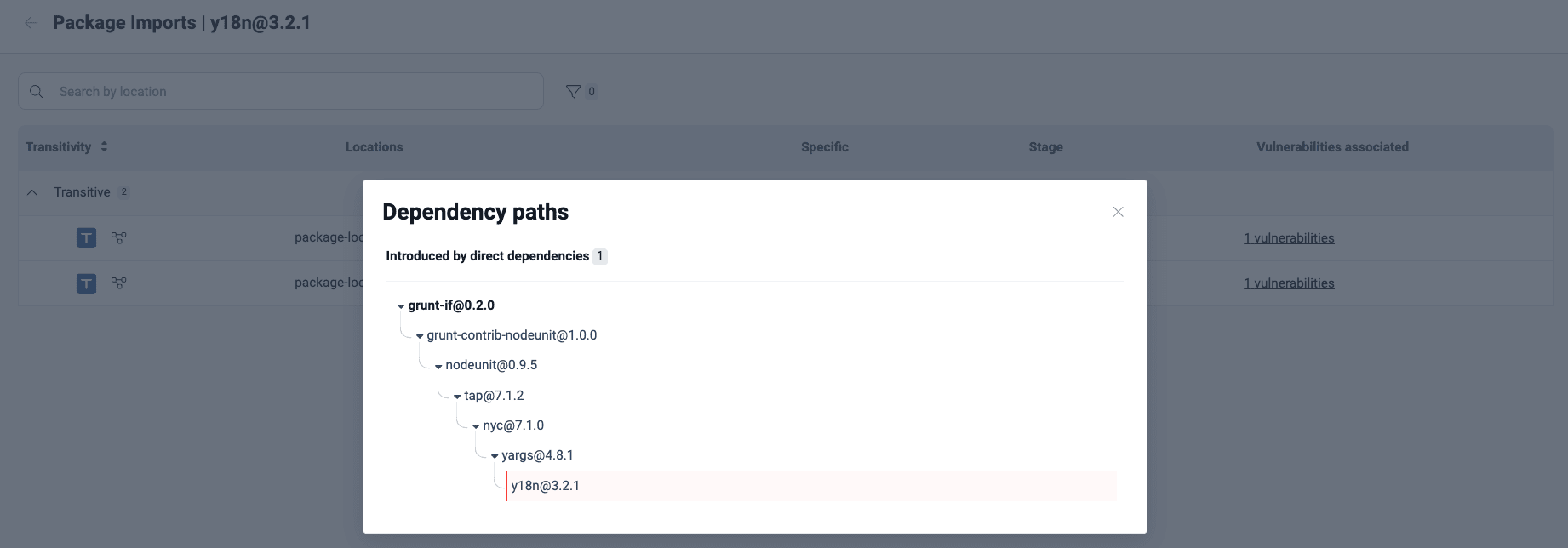 See dependency paths for transitive dependencies on the Fluid Attacks platform
