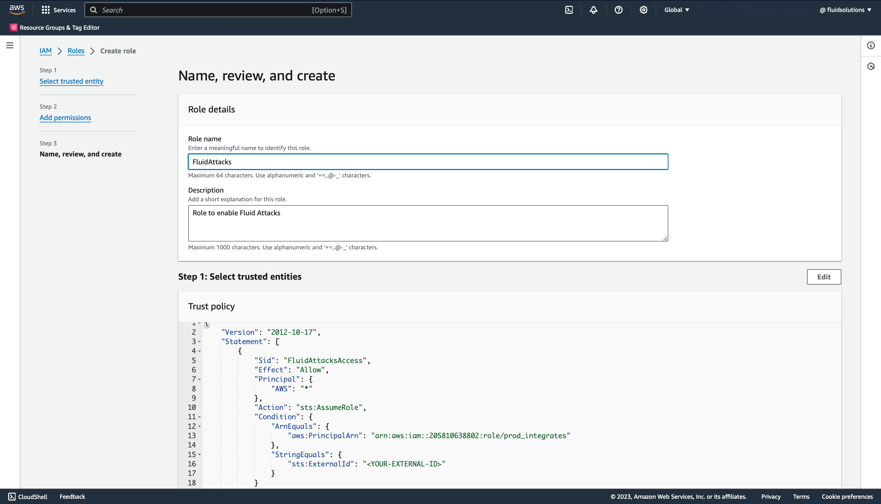 Enter Role name for Fluid Attacks integration
