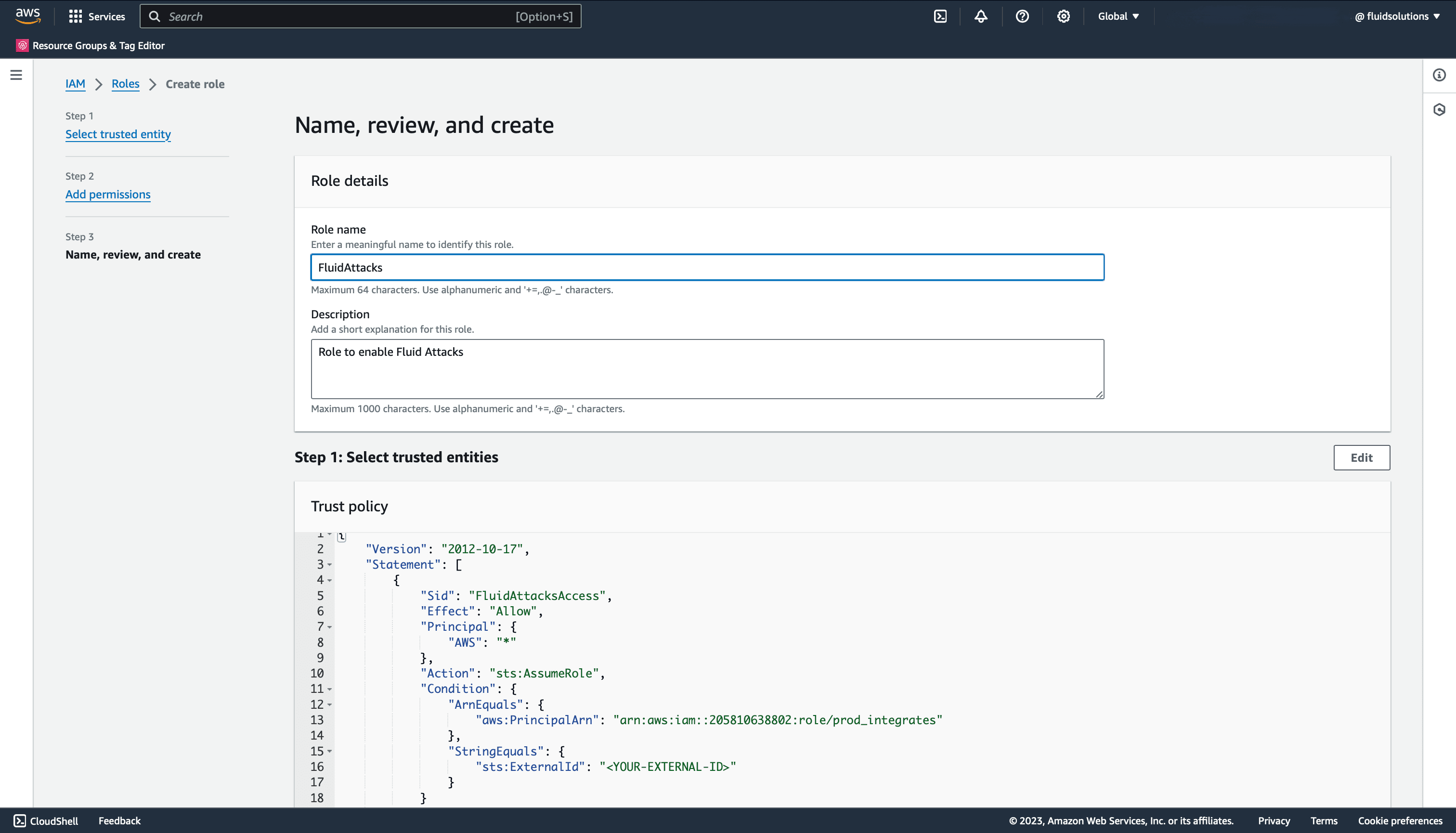 Enter Role name for Fluid Attacks integration