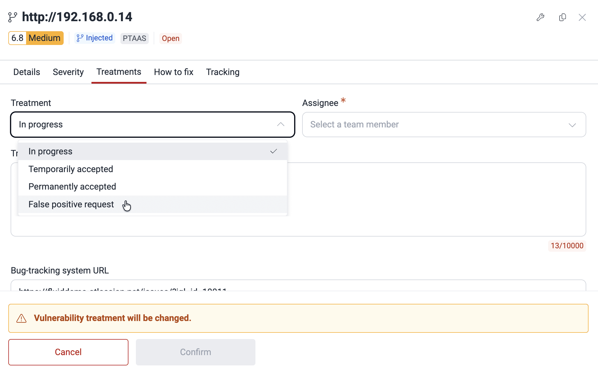 Find False positive request in the Treatments tab on the Fluid Attacks platform