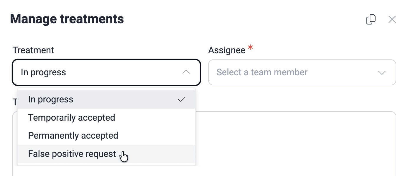 Find False positive request treatment option on the Fluid Attacks platform