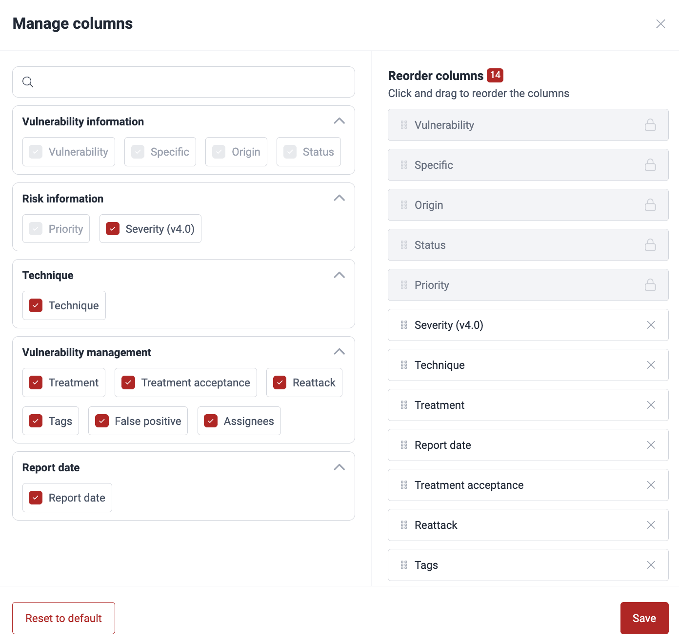 Edit Vulnerability table columns on the Fluid Attacks platform