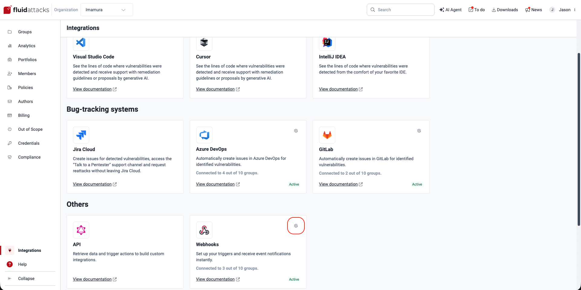 Locate webhooks option on the Fluid Attacks platform