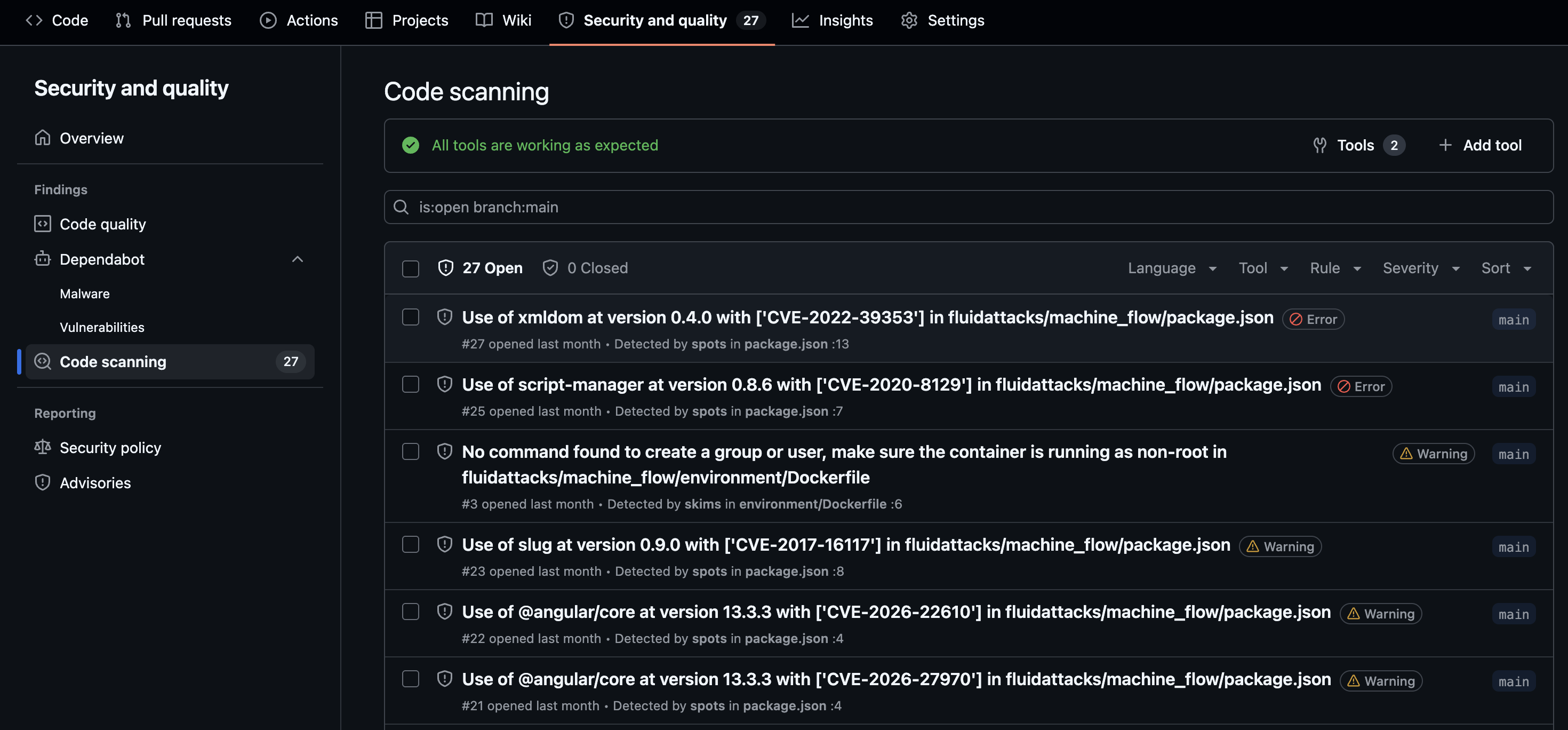 GitHub Security tab showing SCA findings from machine_flow