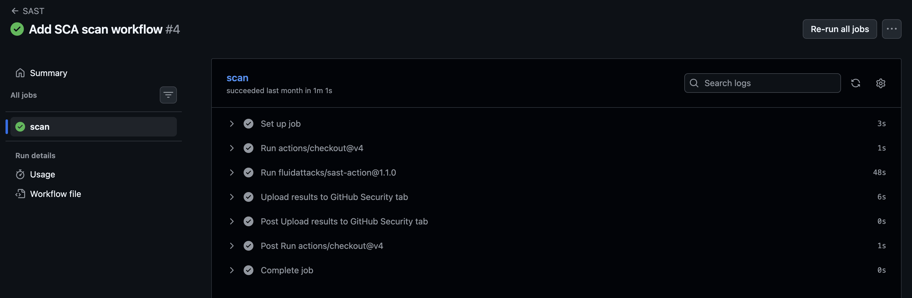 GitHub Actions job steps for the SCA workflow in machine_flow